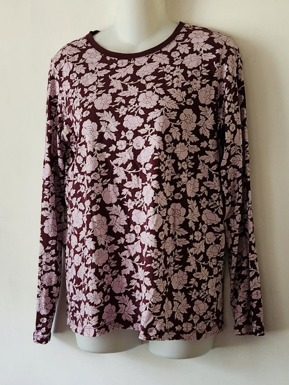 Lands' End long sleeve tee sz S pink burgundy floral VGUC